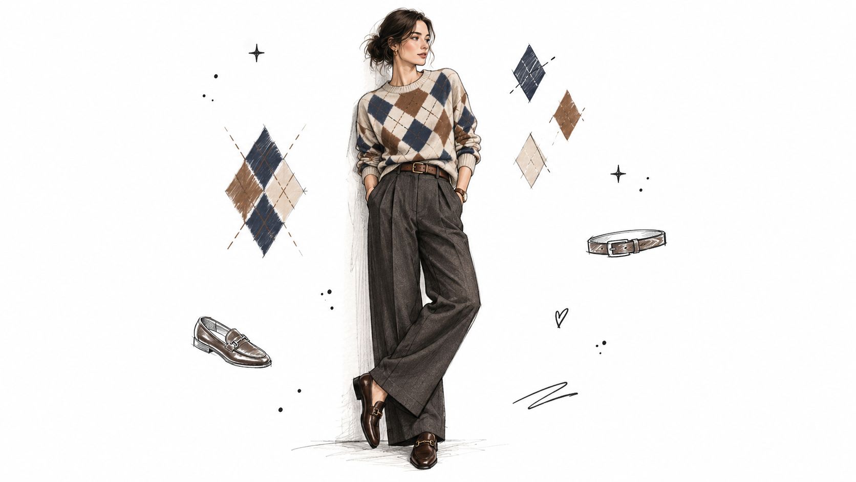 A fashion illustration of a woman wearing a brown argyle sweater and wide-leg trousers with loafers.