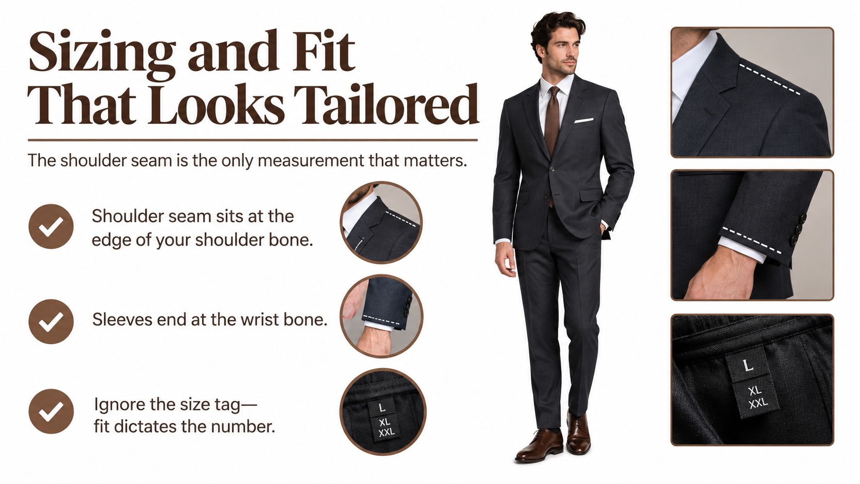 A guide on how to achieve a tailored suit fit by focusing on shoulder and sleeve measurements.