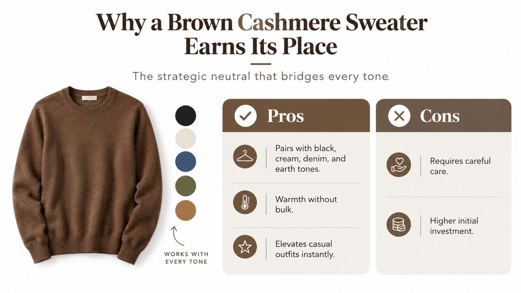 An infographic comparing the pros and cons of owning a versatile brown cashmere sweater for styling.