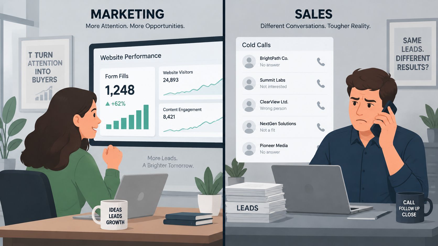 A split image contrasting successful marketing metrics with a frustrated salesperson struggling through cold call results.