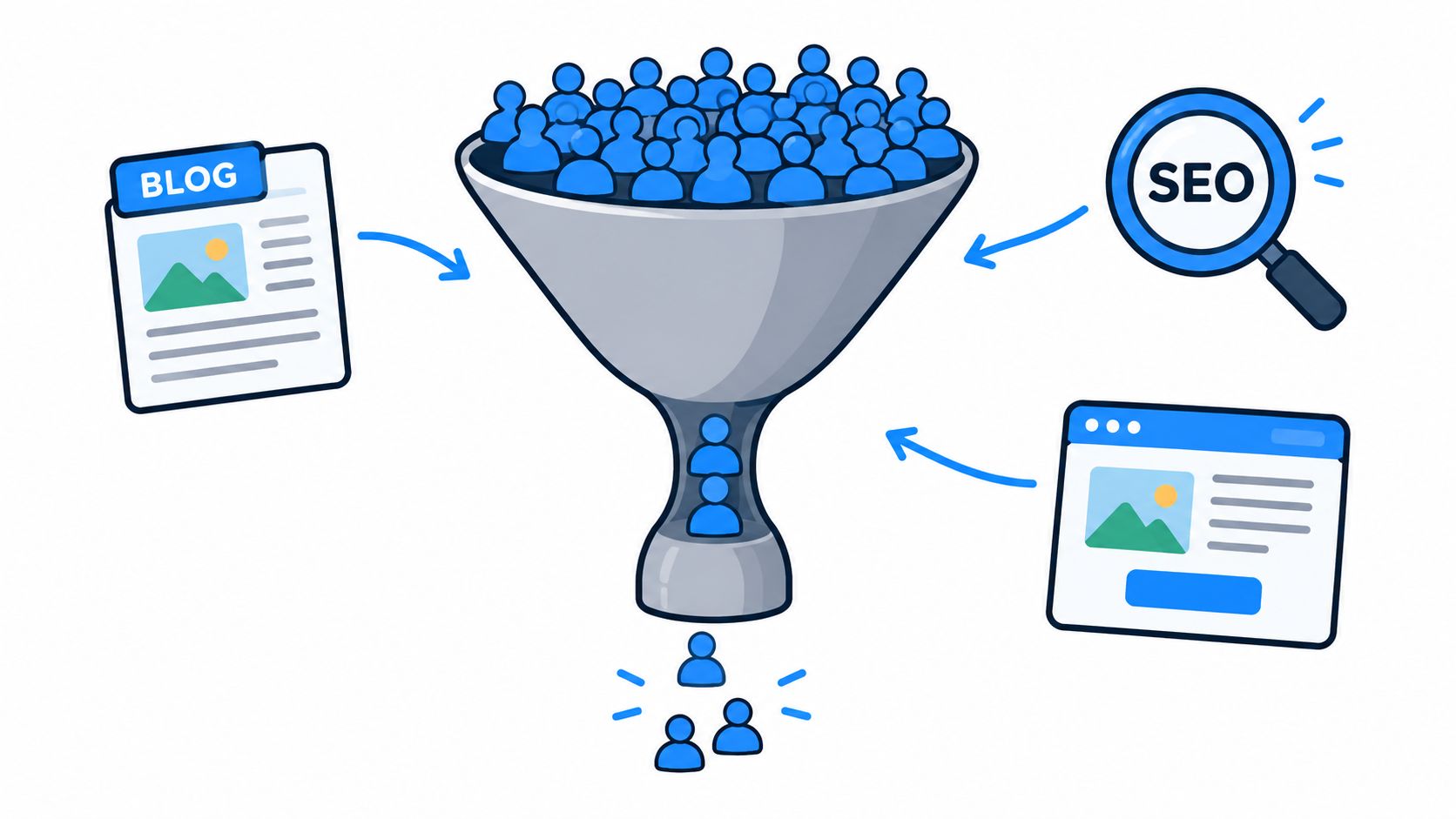 A marketing funnel illustration showing blog content and SEO strategies driving traffic toward leads.