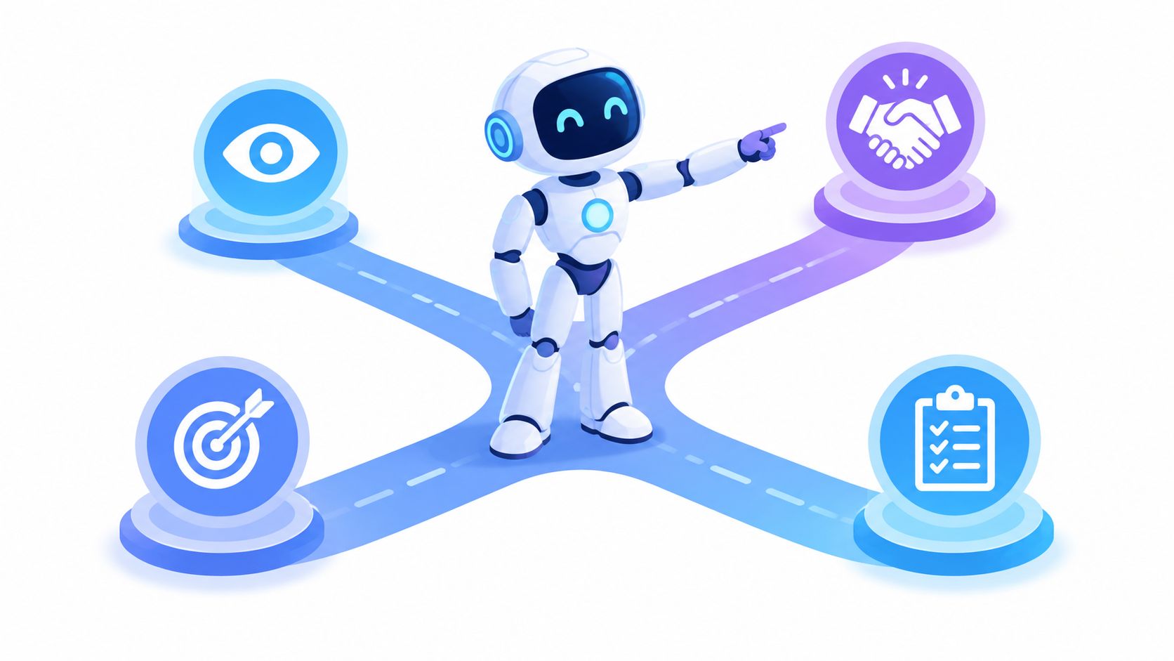 A friendly 3D robot stands at a crossroads, pointing towards an icon of a handshake business deal.