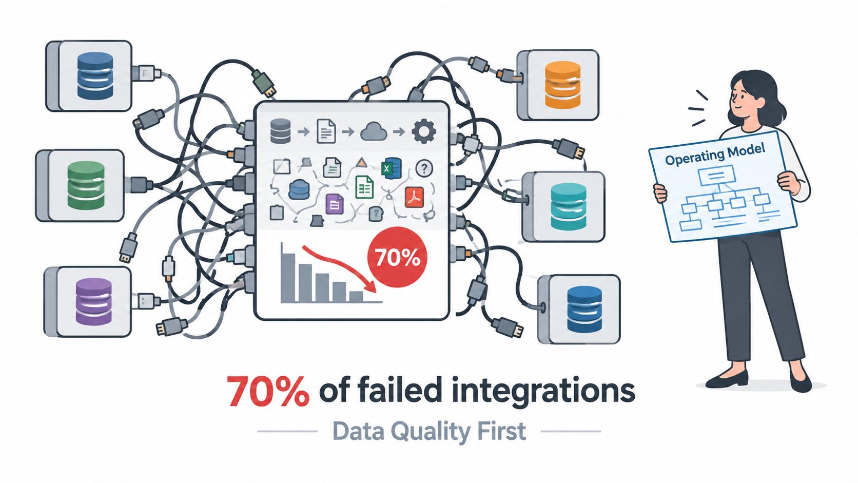 A woman holds an operating model sign beside a diagram showing 70% of failed data integrations.