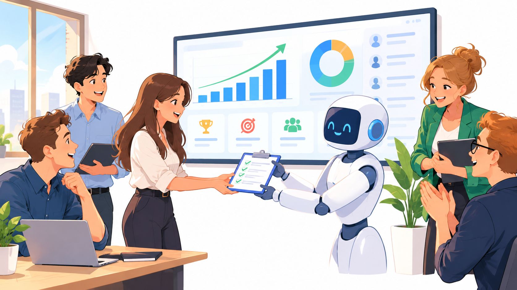 A team of professionals collaborating with an AI robot in a modern office meeting room setting.