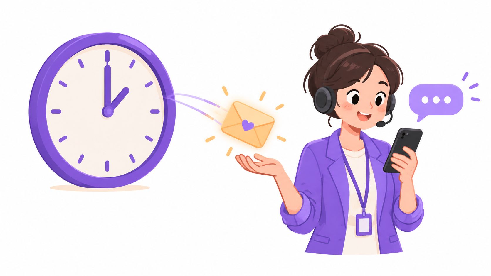 A professional woman wearing a headset holding a smartphone while receiving an email from a clock.