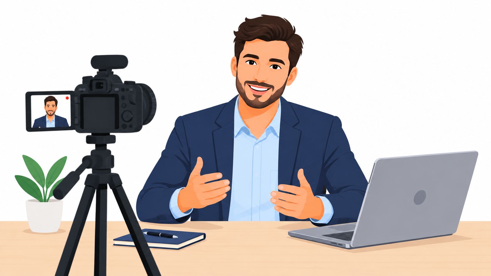 A professional man with a beard recording a video for his audience using a camera and laptop.