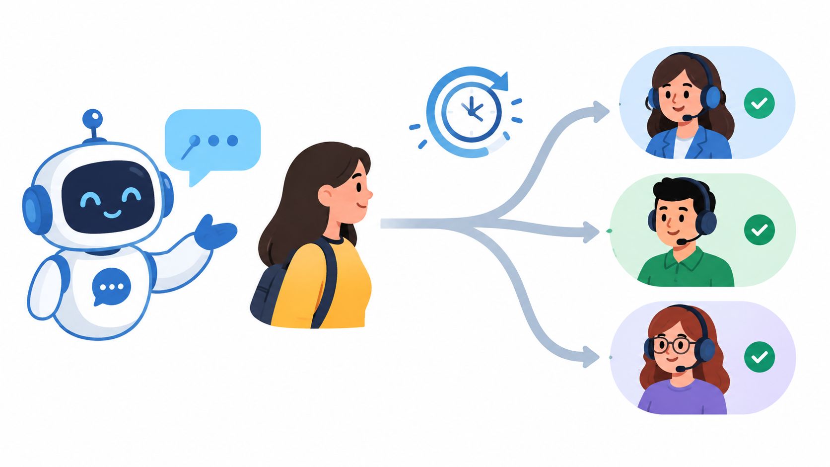 A robot and a student being connected to three different customer support agents for faster assistance.