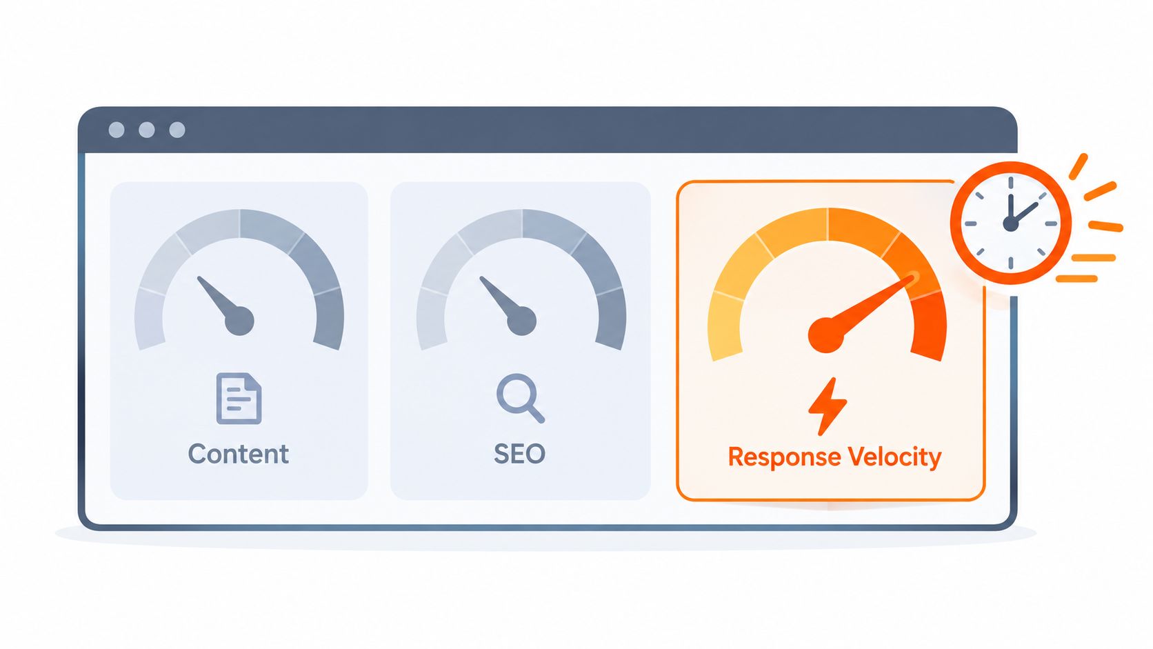 A digital dashboard showing three speedometers representing content, SEO performance, and high response velocity metrics for business websites.
