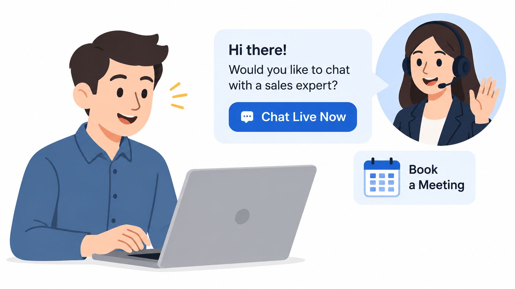 An illustration of a man using a laptop interacting with a customer support chat and booking feature.