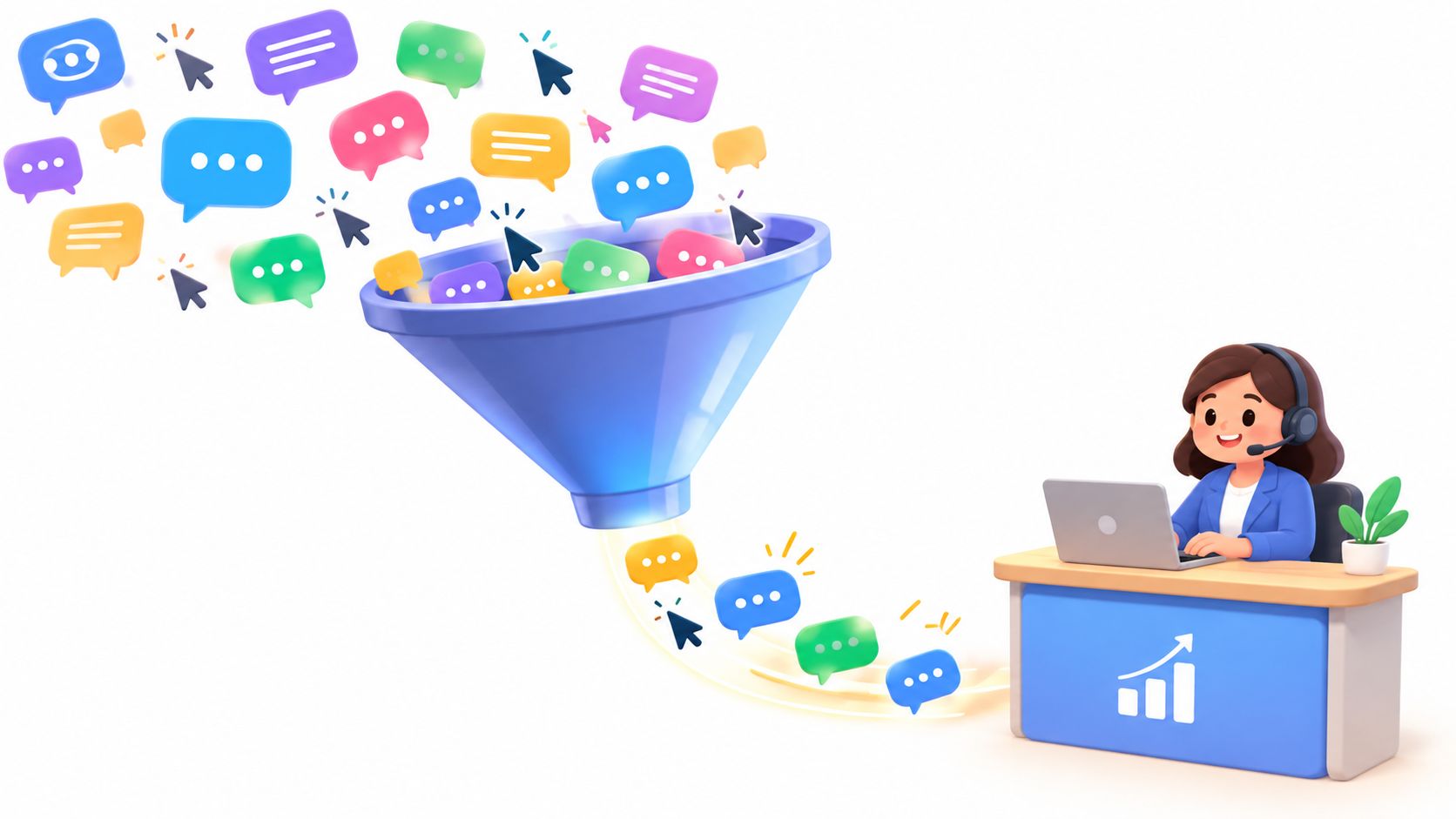 A 3D character with a headset sitting at a desk and organizing chat bubbles through a funnel.