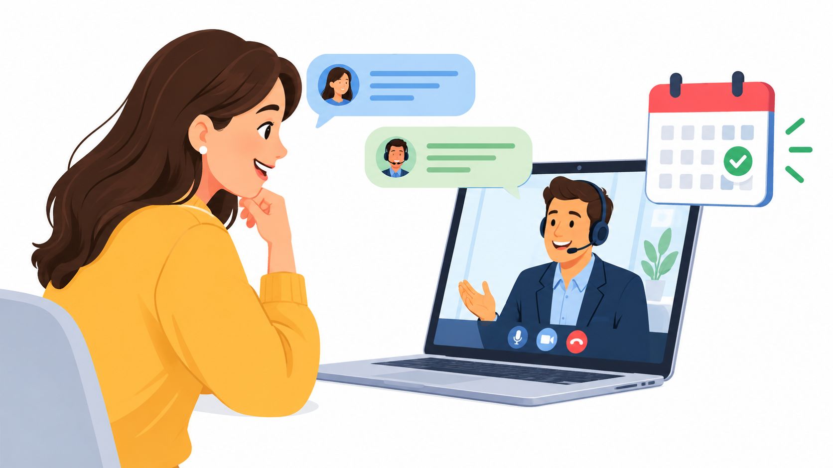 A woman participates in an online video call for business consultation while viewing a calendar scheduling confirmation
