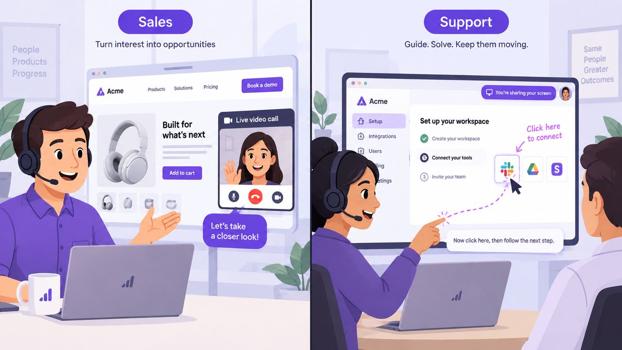 A split illustration showing professional customer service representatives using screen sharing for sales and technical support.
