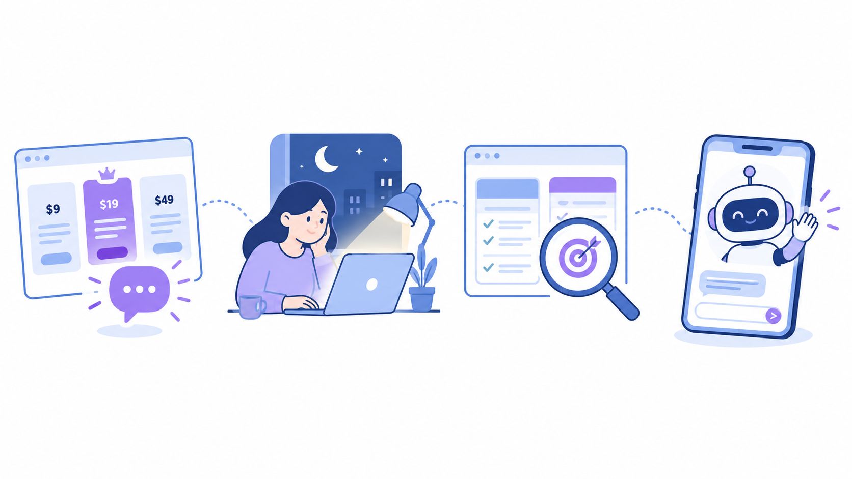 An illustration showing a user selecting subscription plans, working on a computer, and engaging with an AI chatbot.