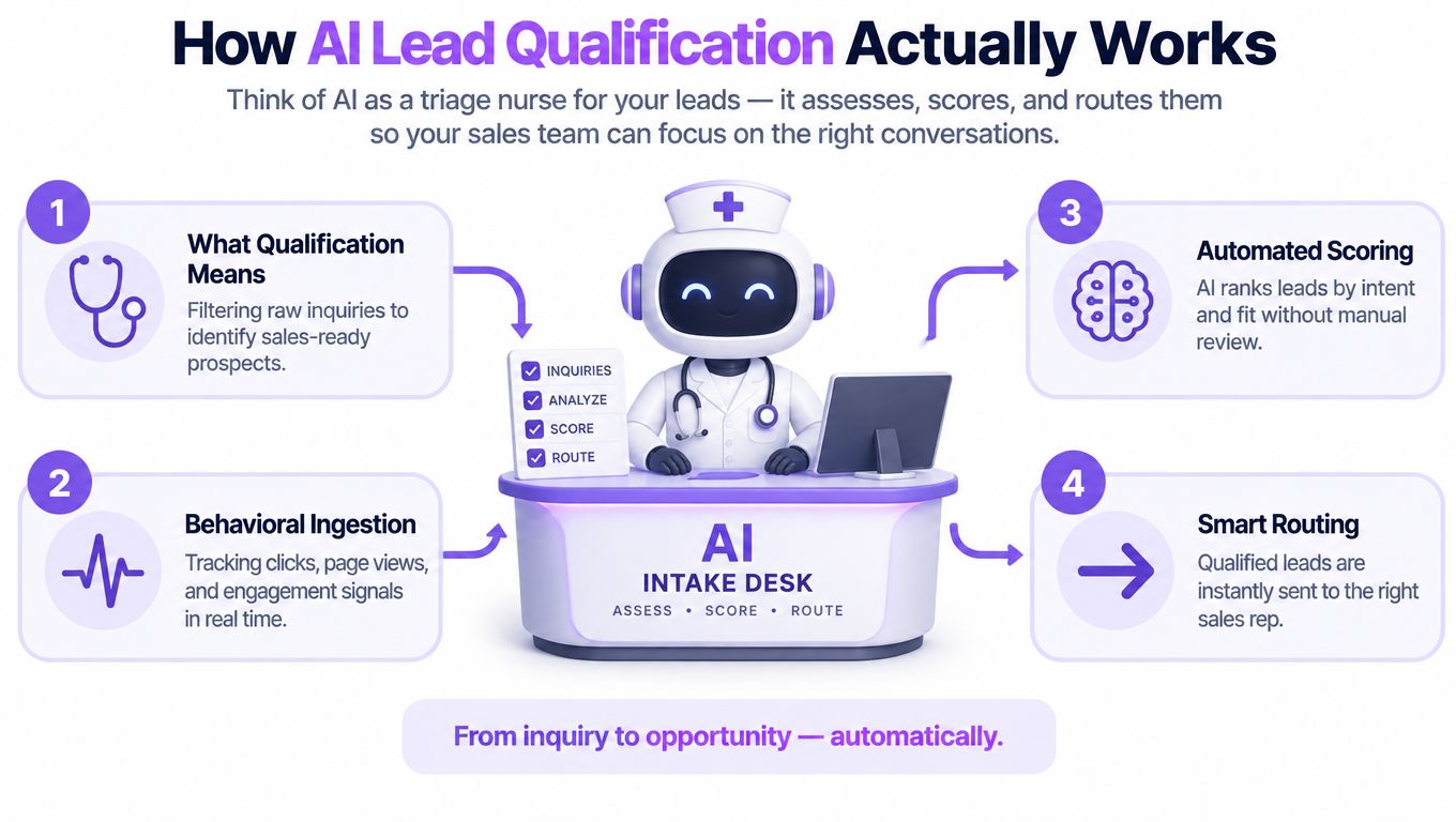 A diagram illustrating the four-step AI lead qualification process as a helpful digital triage nurse system.