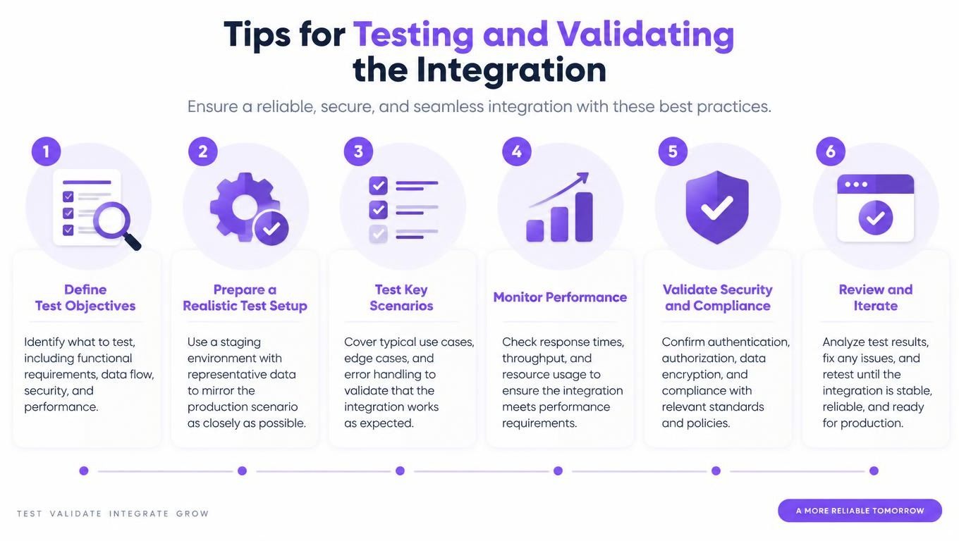 An infographic showing six steps for testing and validating software integrations, including planning, staging, testing, monitoring, security, and iteration.