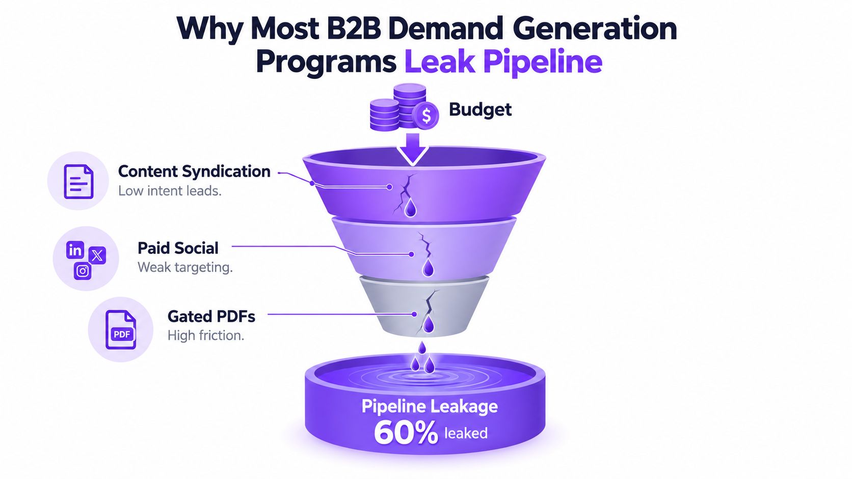 A funnel diagram illustrating how B2B demand generation programs lose sixty percent of their pipeline through leaks.