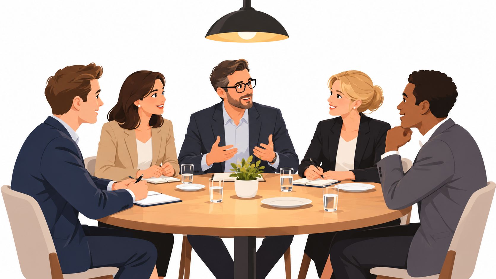 A professional team of five diverse business colleagues engaged in a collaborative discussion around a circular office table.