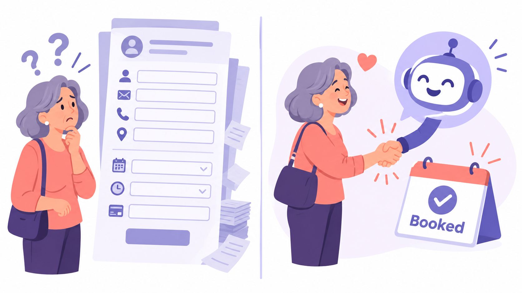 A woman choosing between a complicated booking form and an easy automated chatbot appointment scheduling process.