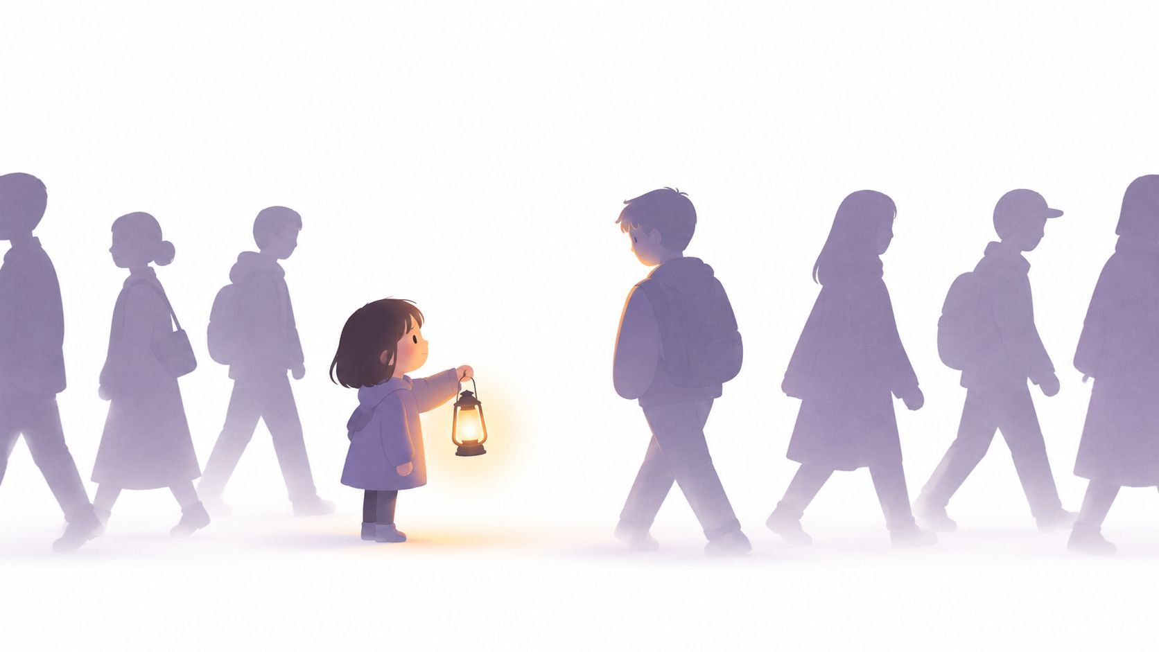 A small child holding a glowing lantern stands amidst a crowd of silhouetted people in the mist.