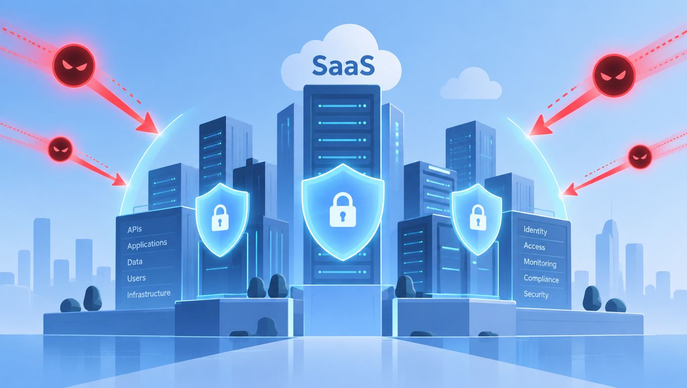 A digital illustration representing SaaS security with a protected city infrastructure under attack by cyber threats.