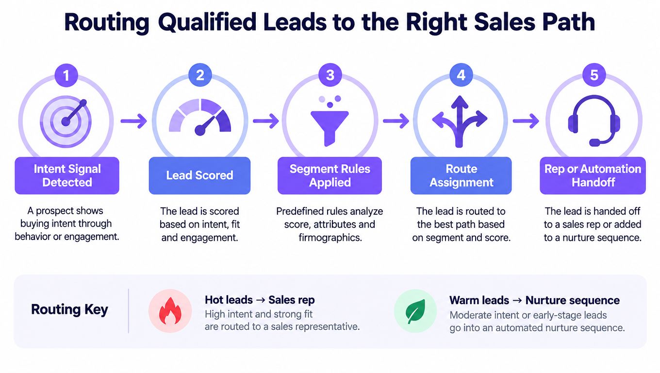 A five-step process diagram illustrating how to route qualified leads to the correct sales path efficiently.