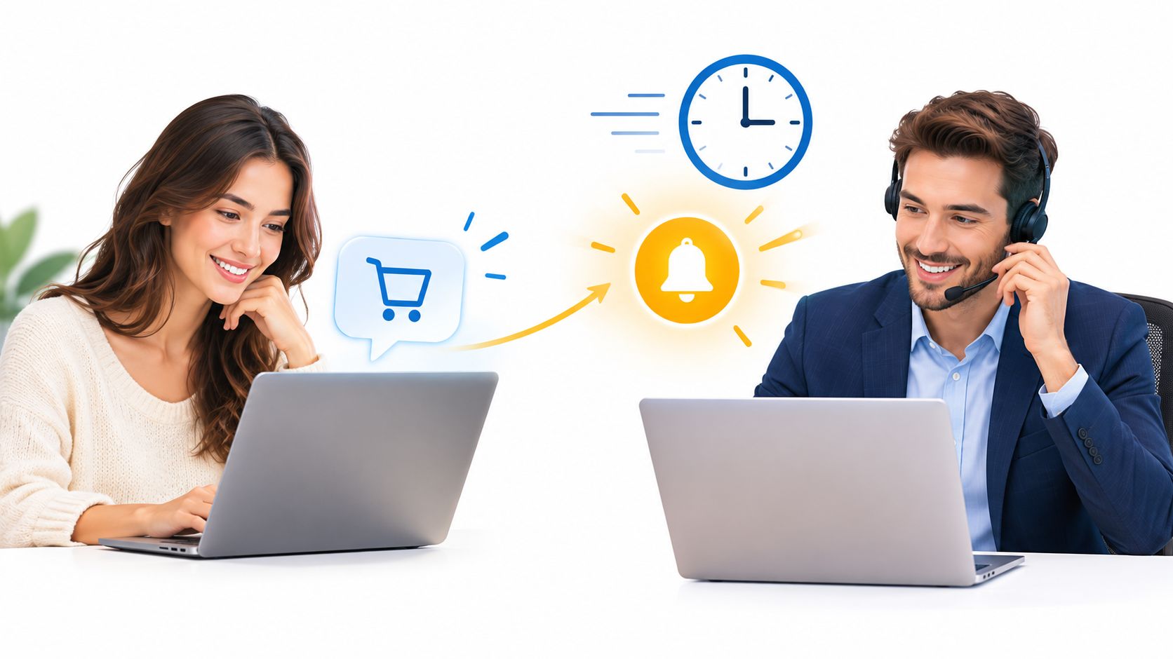 A woman shopping online on a laptop connects with a customer support agent to shorten sales cycles.