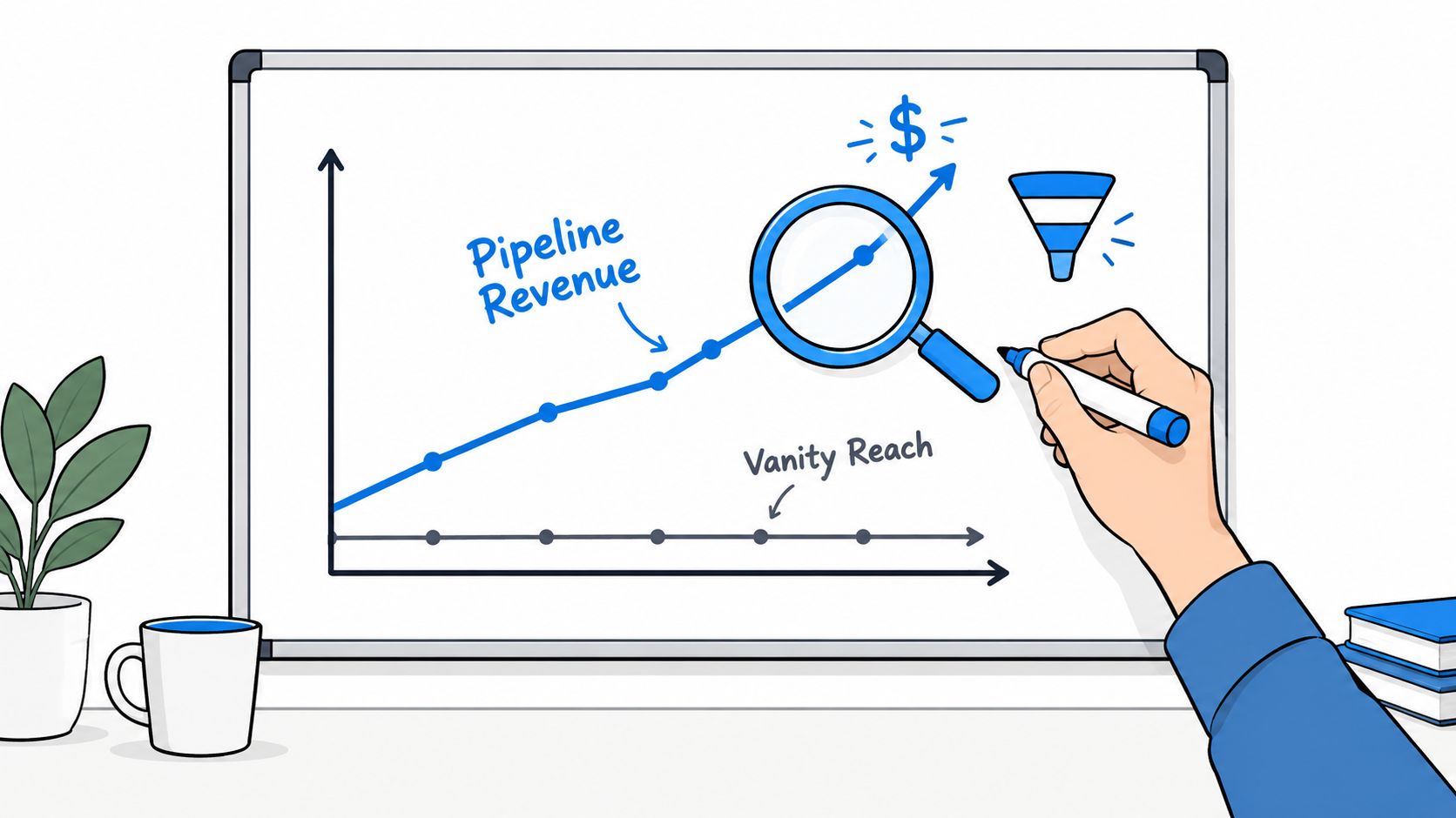 A hand drawing a graph showing rising pipeline revenue versus flat vanity reach on a whiteboard.