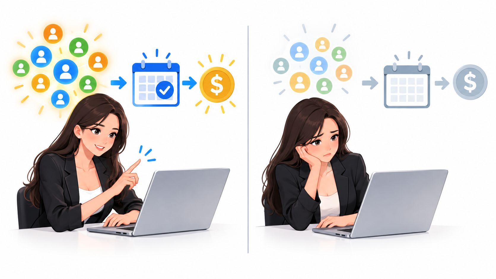 A split image contrasting an excited businesswoman identifying sales leads with a bored woman waiting for sales.