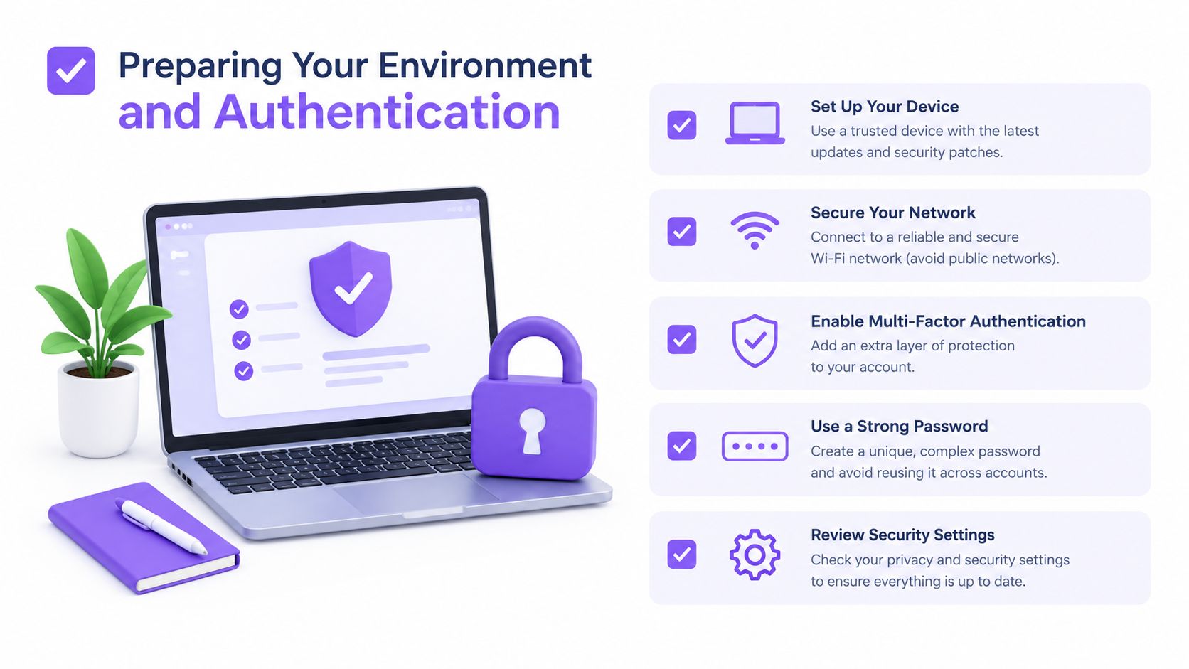 A digital infographic guide illustrating five essential steps for securing your environment and authentication online.