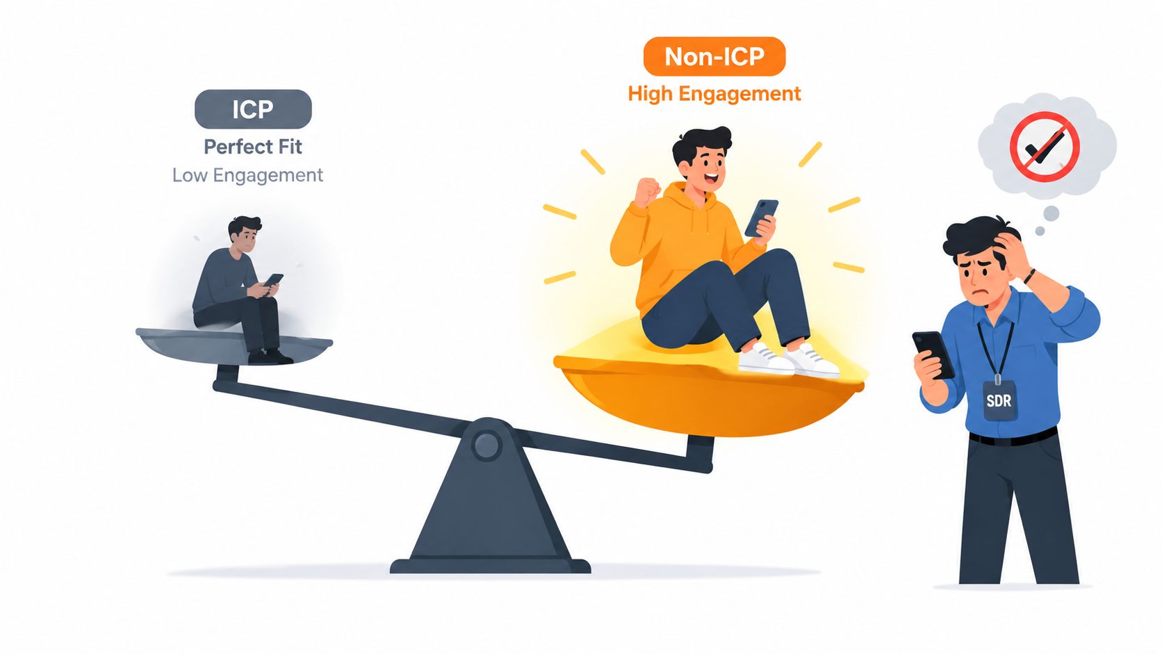 A scale showing an ICP lead with low engagement versus a Non-ICP lead with high engagement for sales.