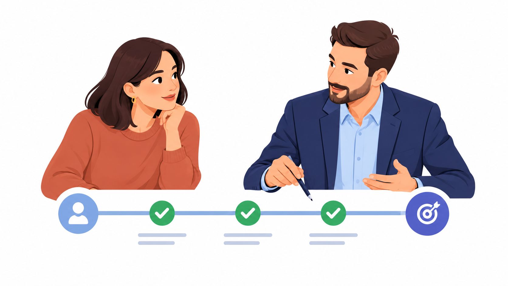 A professional man explaining a progress timeline to a woman, illustrating a successful sales process journey.