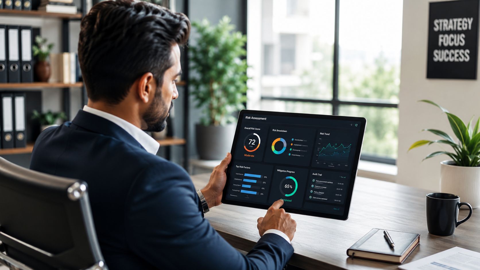 A professional man in a suit analyzing a digital risk assessment dashboard on his tablet computer.