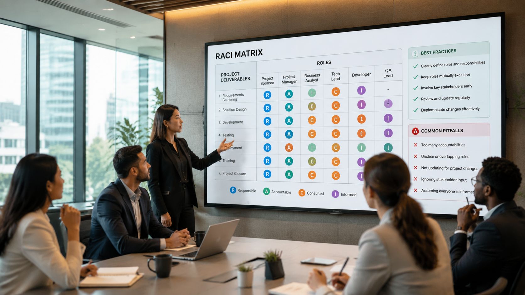 A professional presenter explains a RACI matrix slide to colleagues in a modern office meeting room.