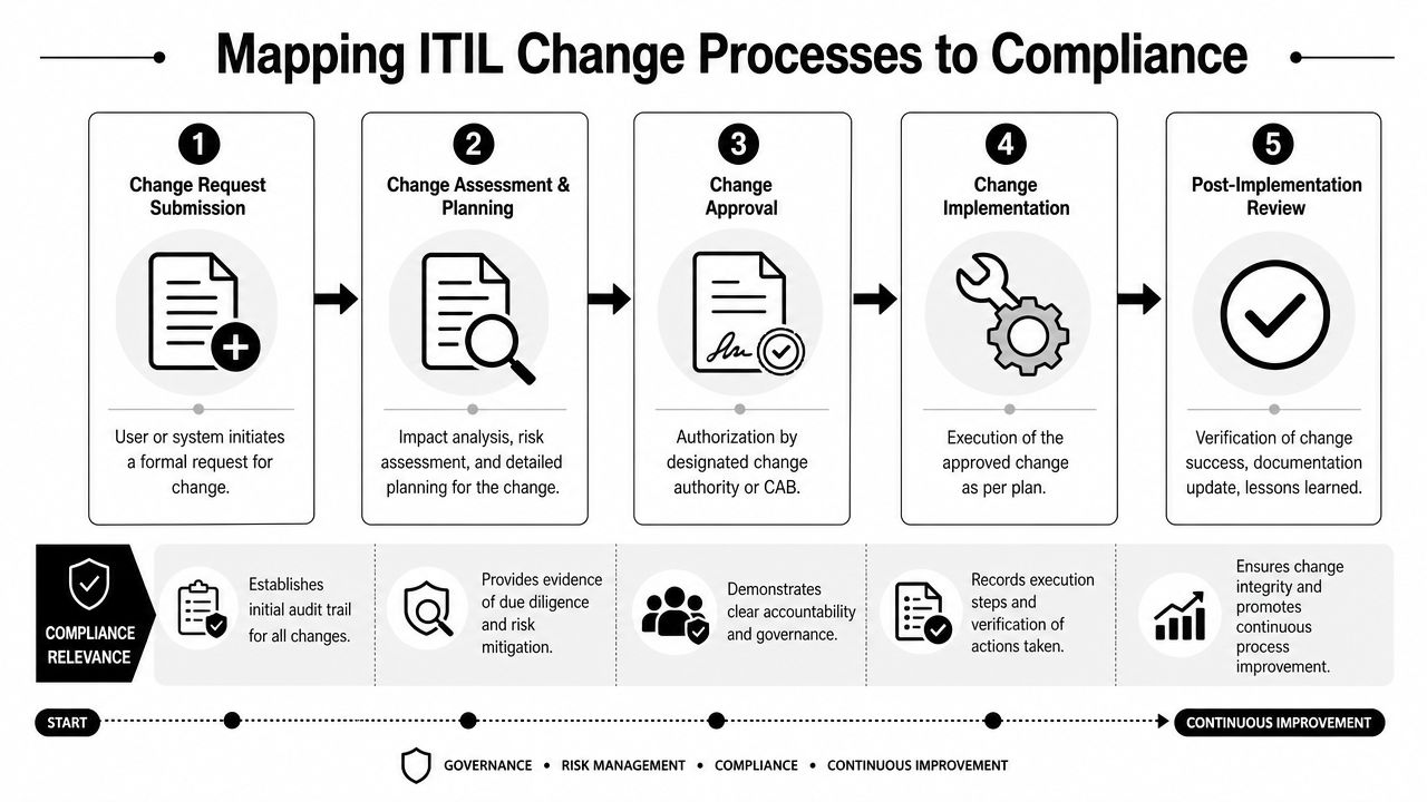 A process flow chart illustrating the five stages of ITIL change management aligned with compliance requirements.