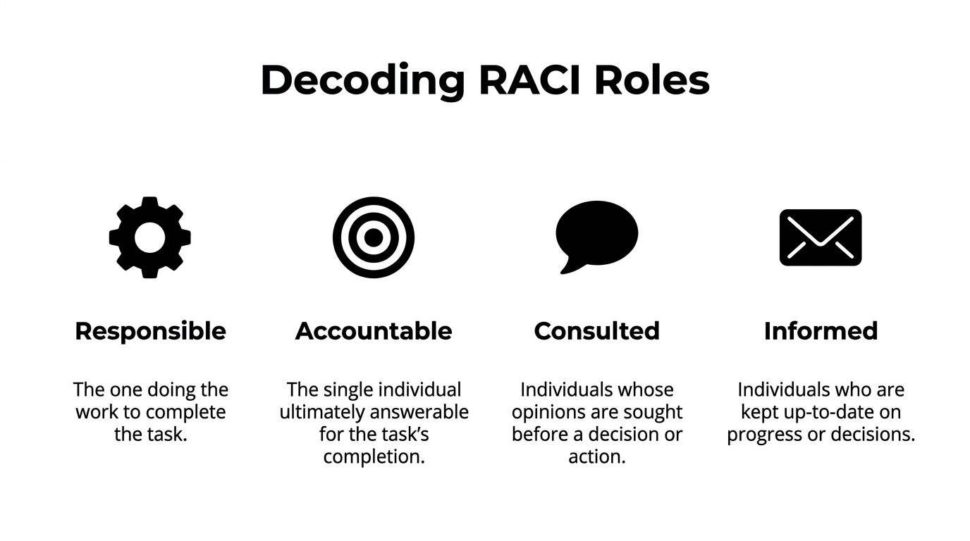 An infographic titled Decoding RACI Roles, displaying icons and descriptions for Responsible, Accountable, Consulted, and Informed.