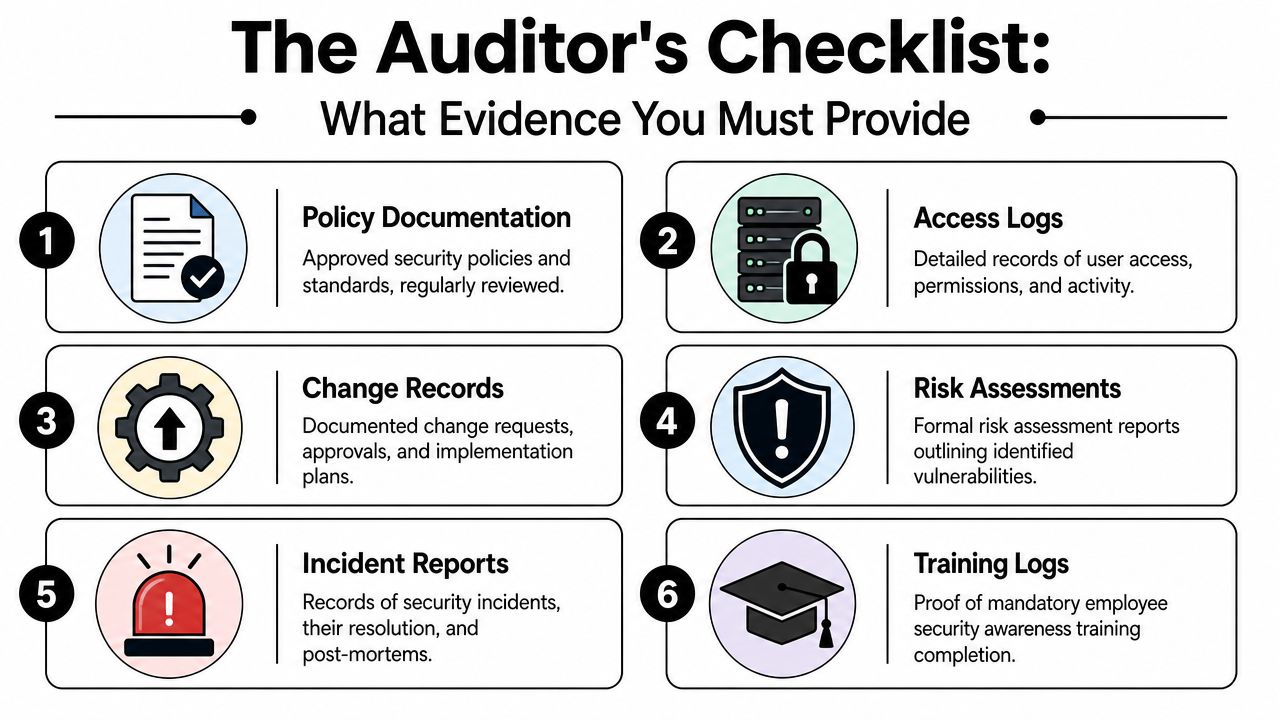 A checklist infographic listing six essential evidence documents required for a security audit and compliance process.
