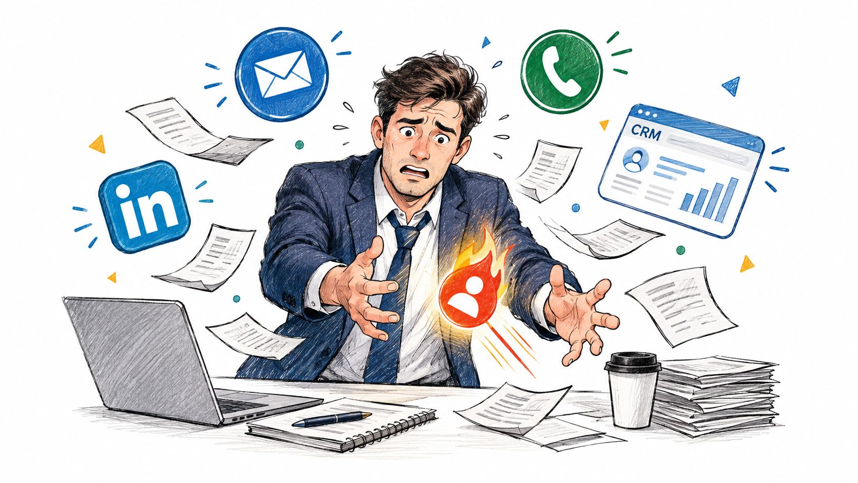 A stressed businessman in a suit juggling multiple digital work tasks like email, phone, and CRM