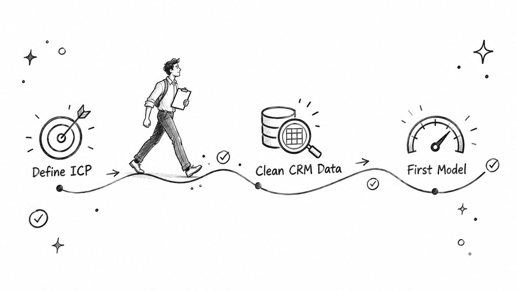 A hand-drawn illustration showing a three-step process for business development involving defining ICP, cleaning CRM data, and modeling.
