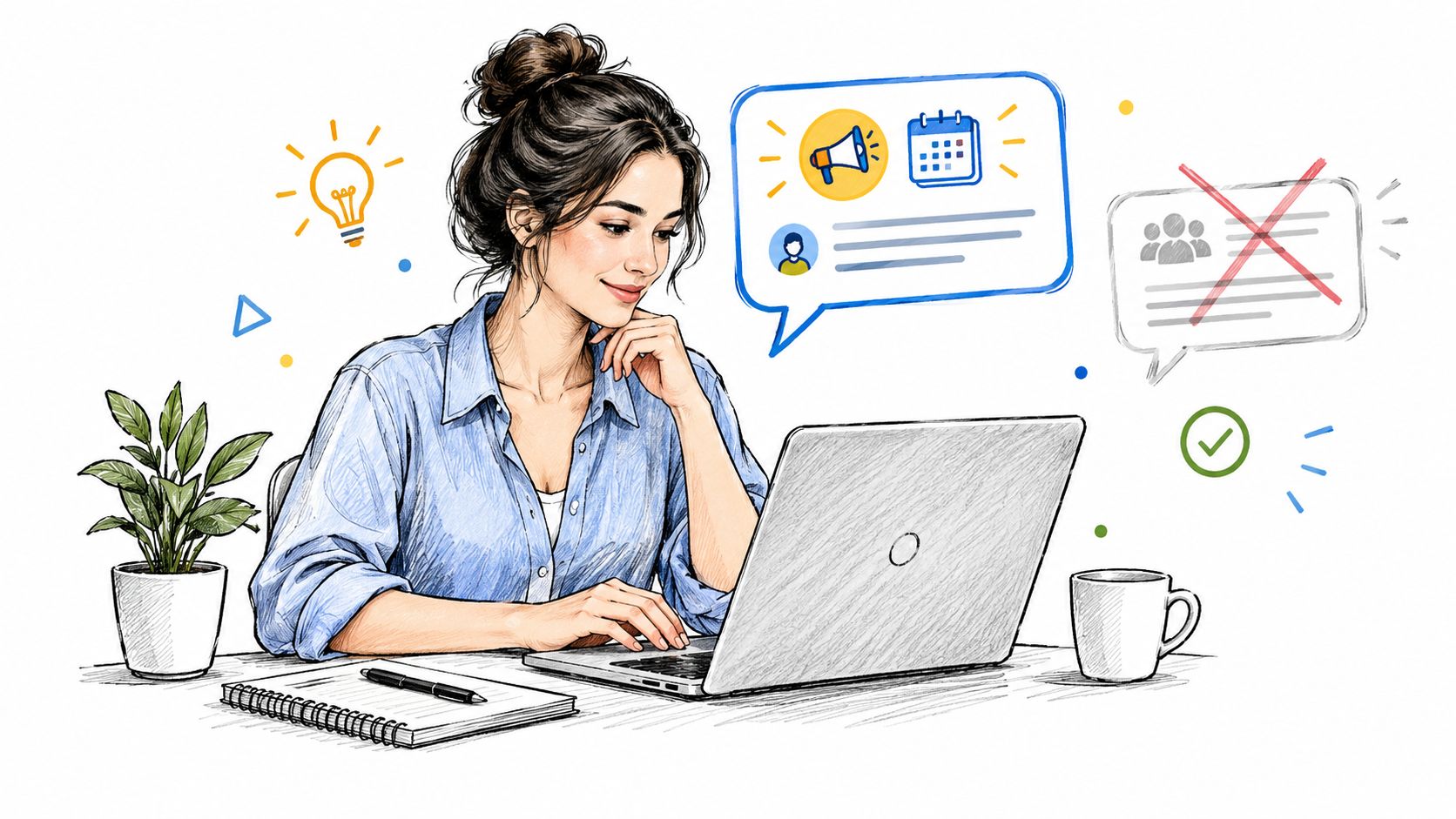 A woman working on a laptop with digital marketing and communication icons, visualizing effective social media prospecting strategies.