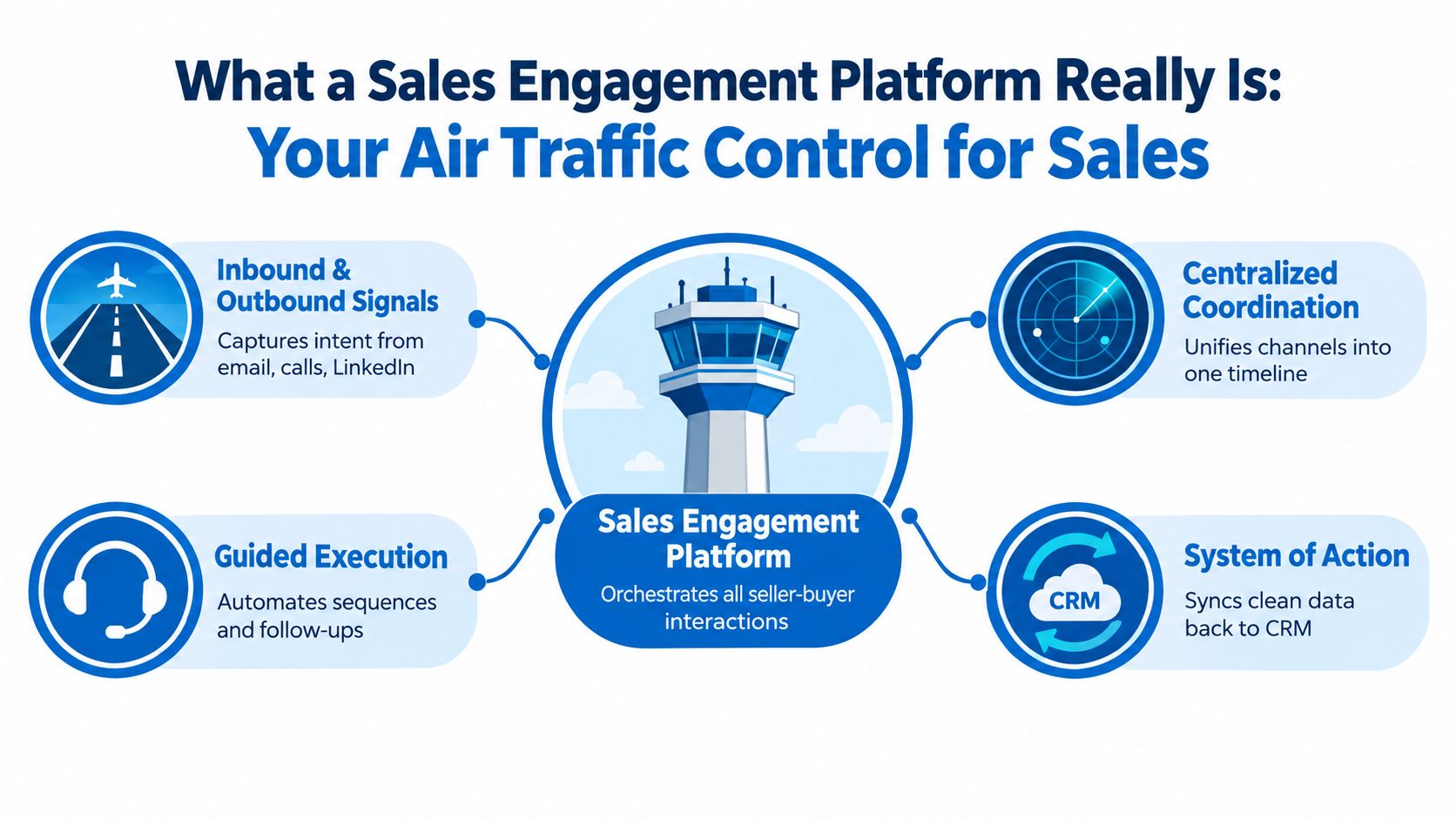An infographic showing a sales engagement platform acting as an air traffic control center for sales.