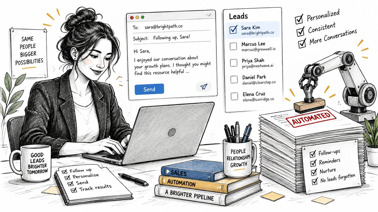 A professional woman working at her desk using sales automation tools to manage leads and emails.