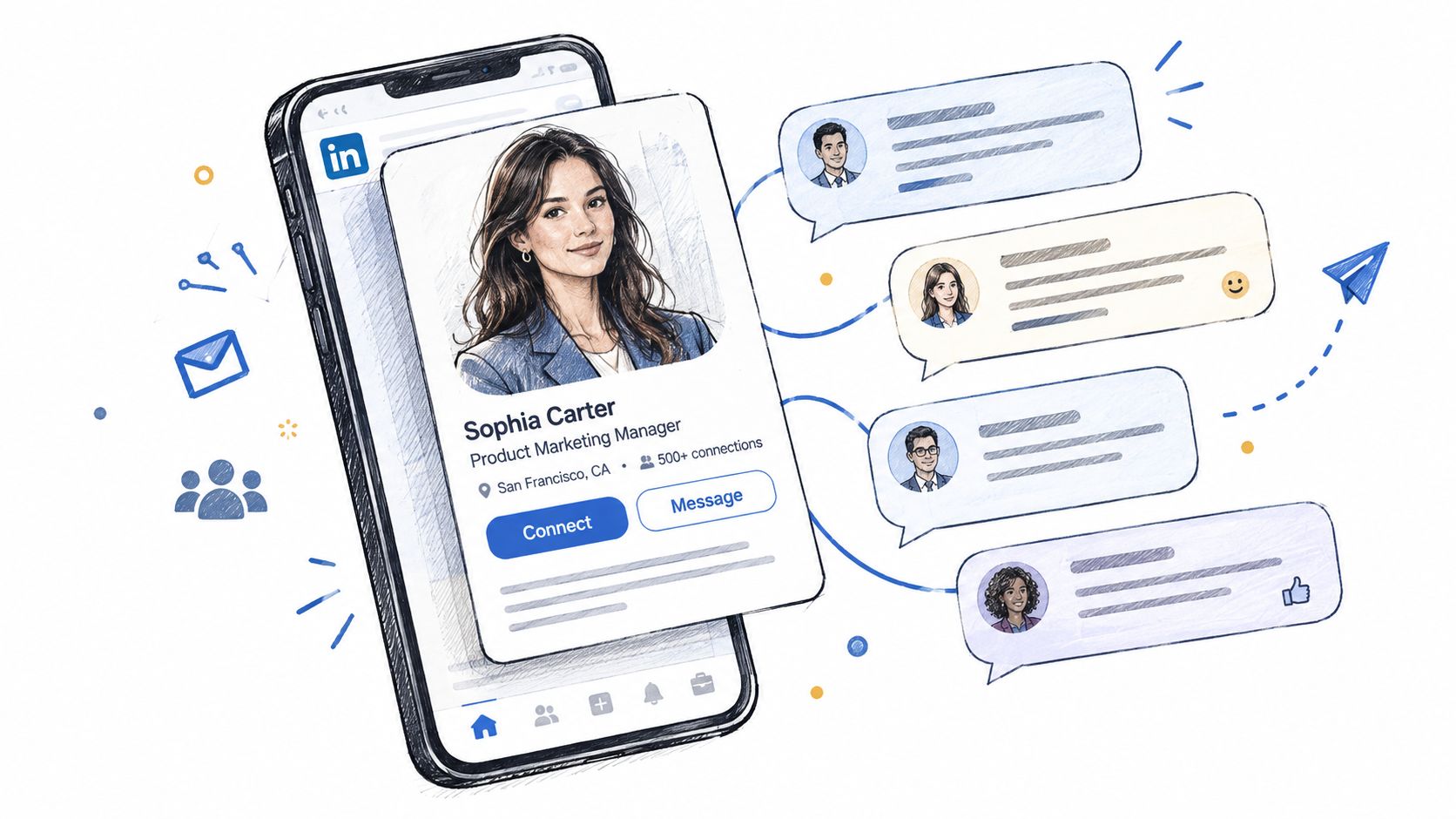 A digital illustration showing a mobile phone displaying a LinkedIn profile for professional B2B lead generation networking.
