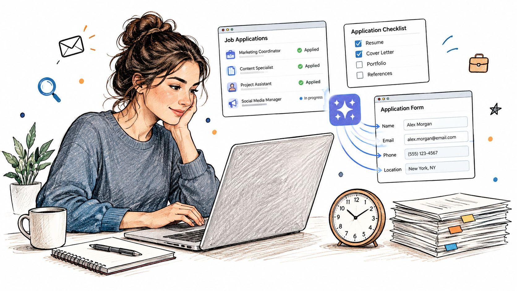 Young woman working on her laptop managing online job applications efficiently.