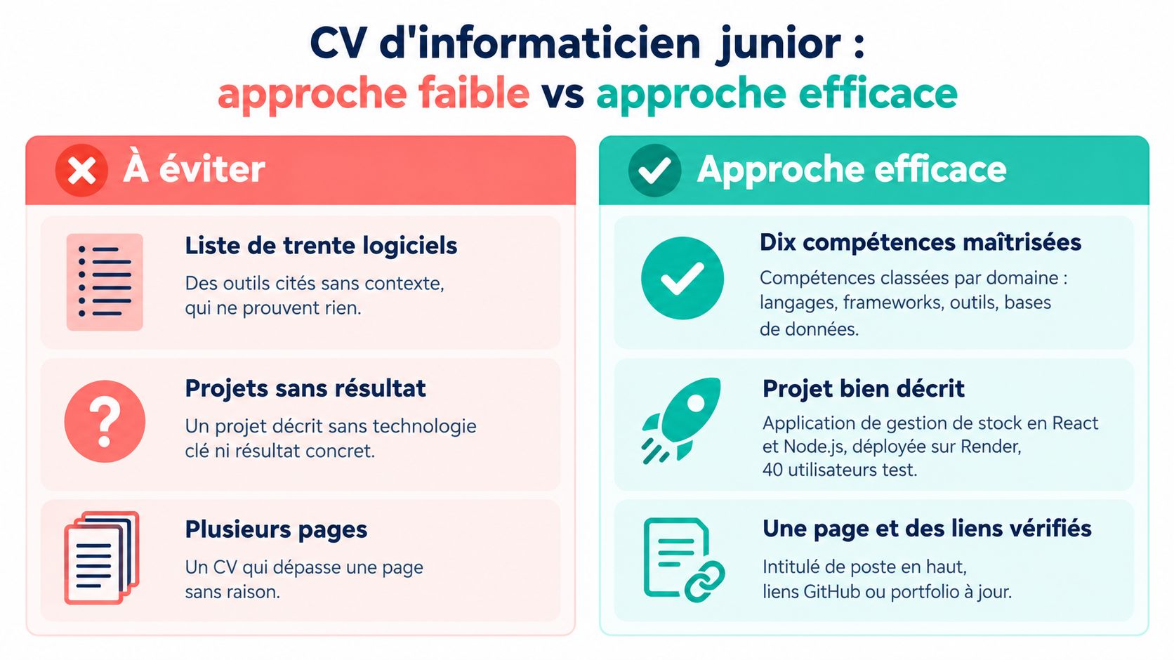 Comparaison infographique entre une approche faible et une approche efficace pour un CV d'informaticien junior.