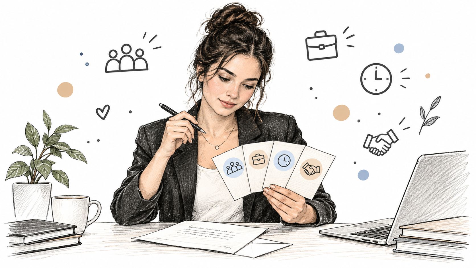 Une assistante de direction élégante examine des cartes illustrées à son bureau professionnel bien équipé.