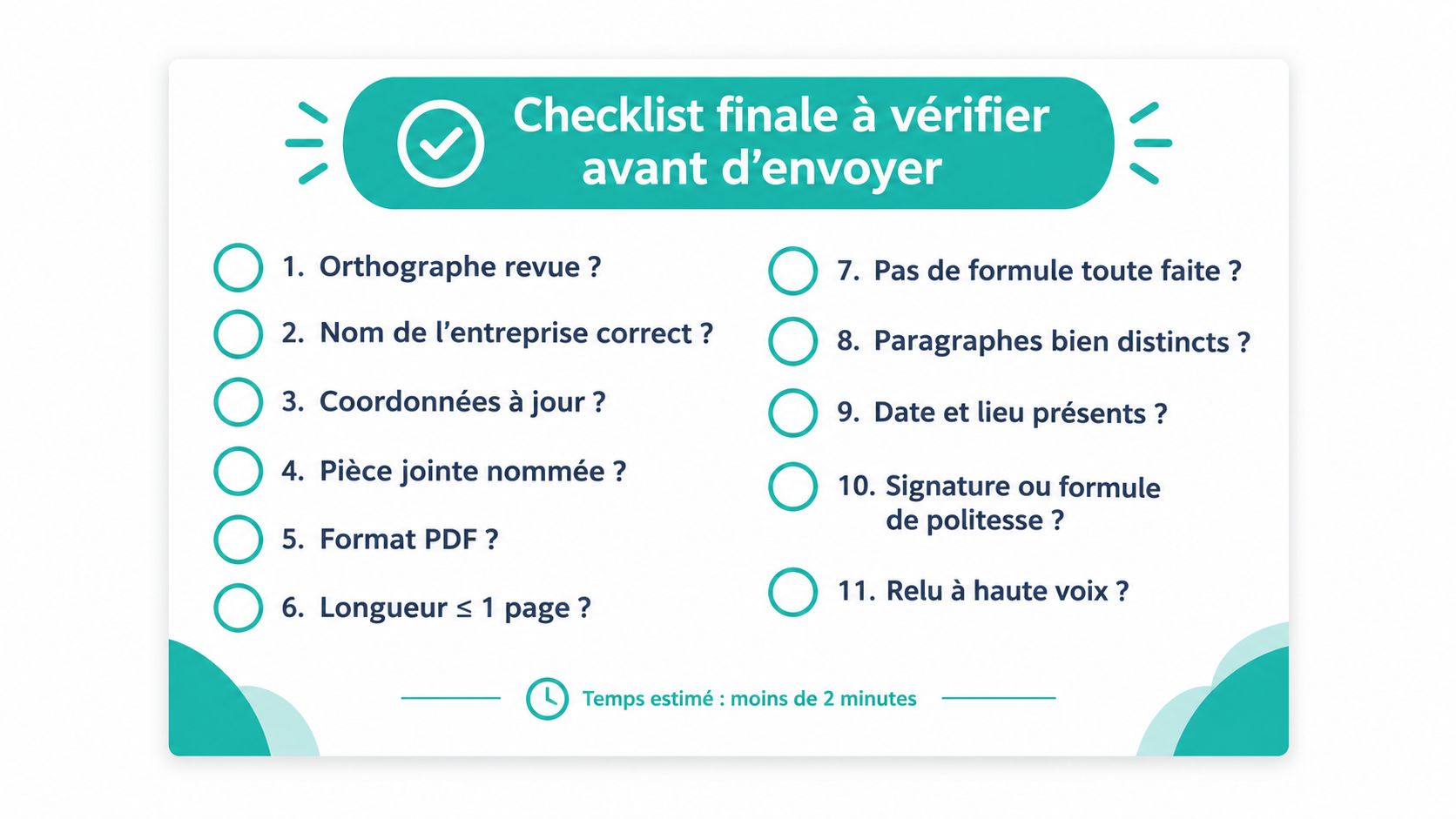 Une liste de contrôle en français pour relire et valider une candidature avant son envoi officiel.