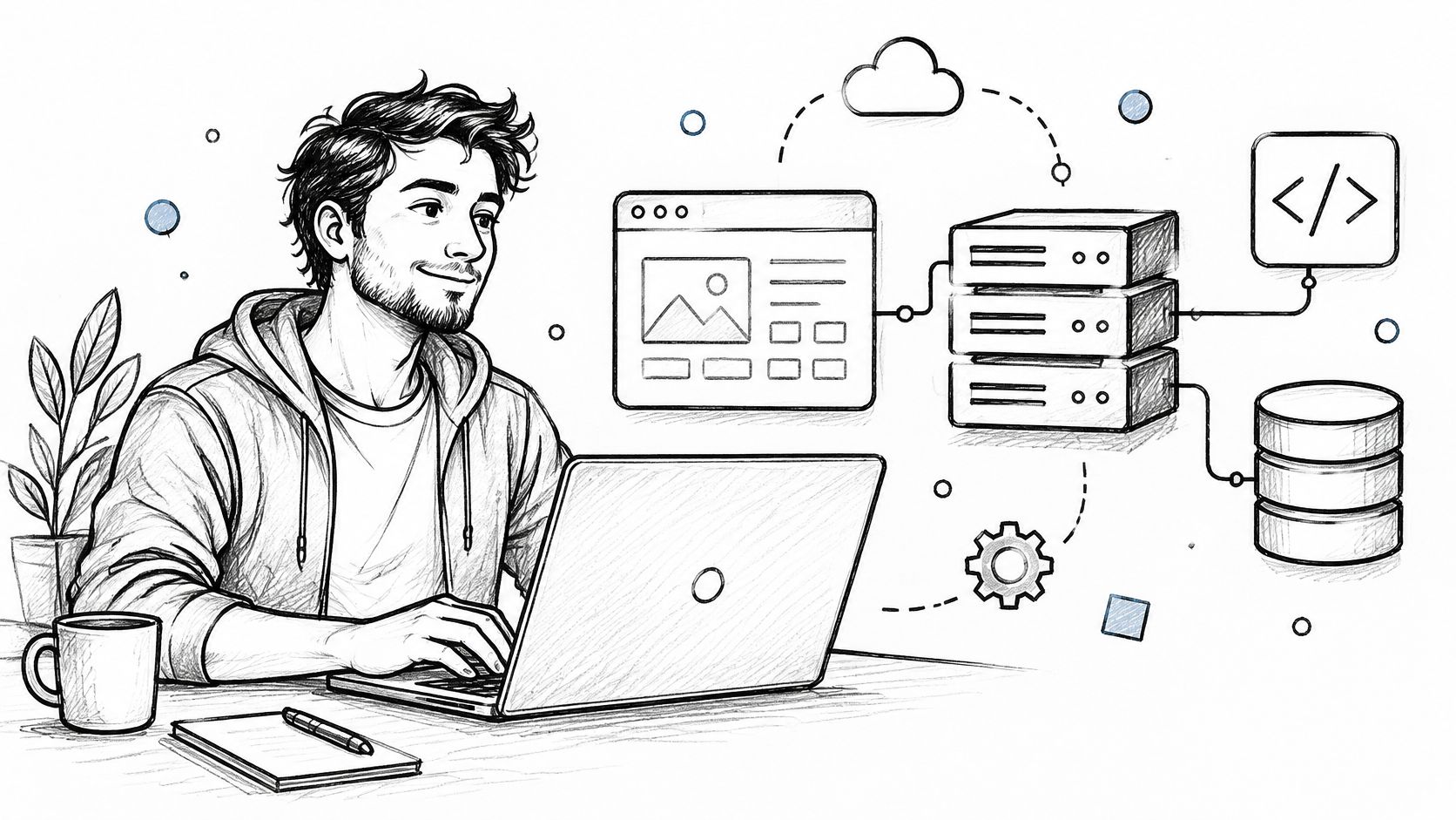 Un jeune développeur travaillant sur son ordinateur portable entouré d'icônes illustrant le développement web et les serveurs.