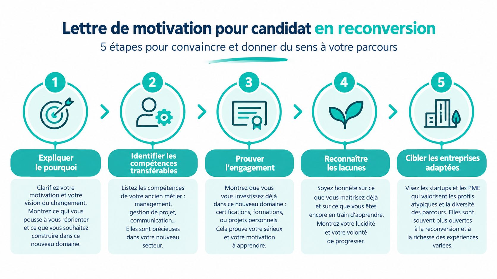 Infographie illustrant les cinq étapes clés pour rédiger une lettre de motivation lors d'une reconversion professionnelle.