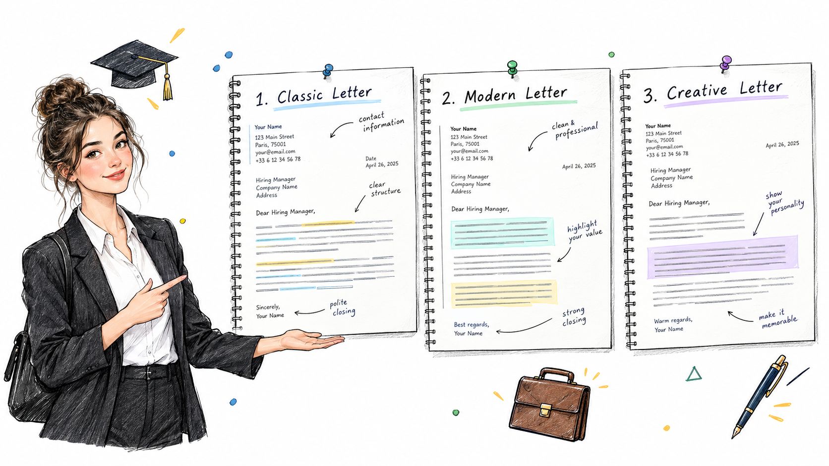 Une jeune femme professionnelle présente trois styles différents de lettres de motivation sur des blocs-notes illustrés.