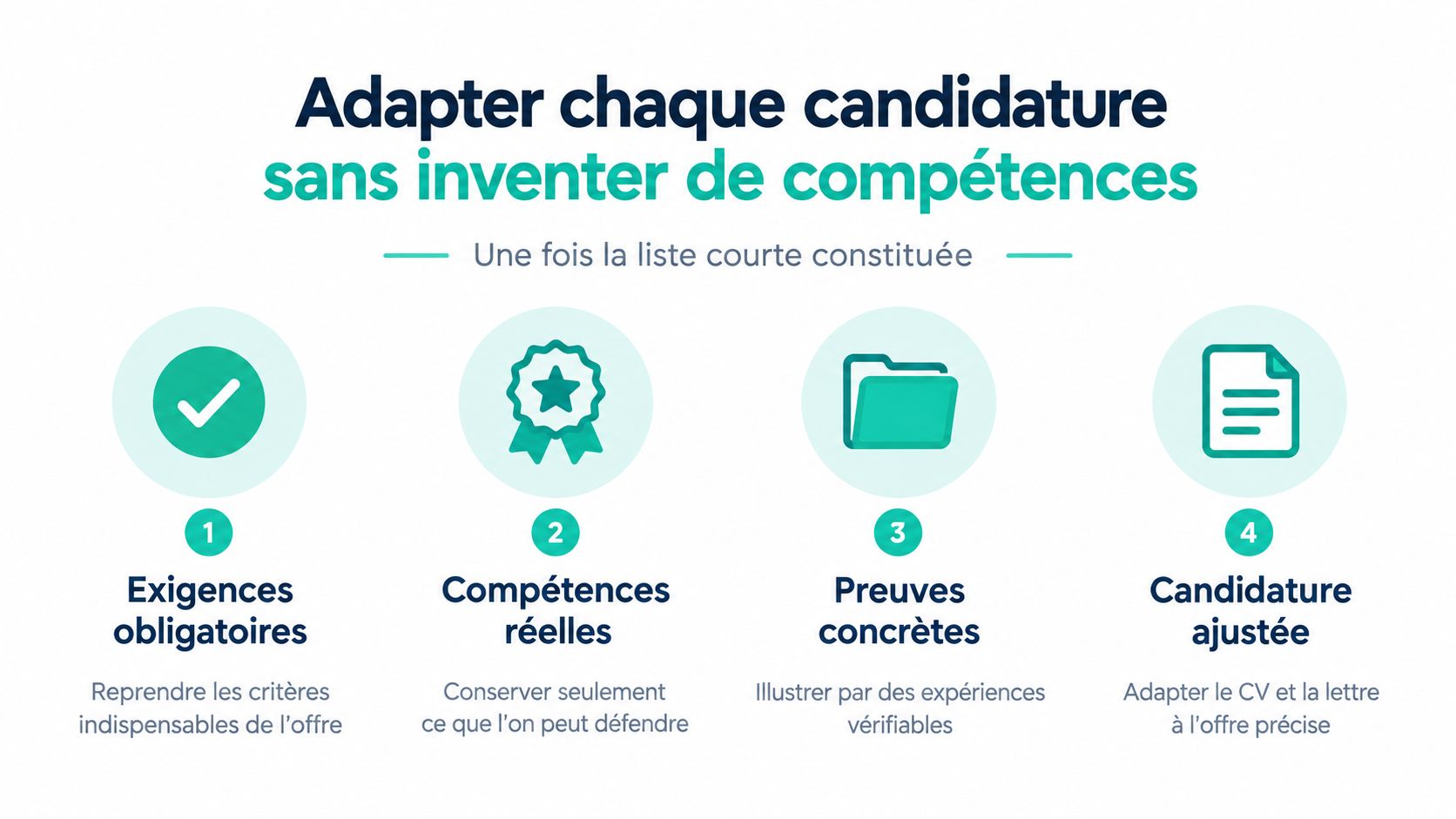 Infographie illustrant les quatre étapes pour adapter efficacement une candidature sans inventer de nouvelles compétences professionnelles.